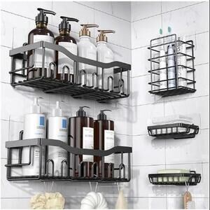 Adhesive Wall-Mounted Bathroom Storage Shelves - Durable Black Metal Organizer